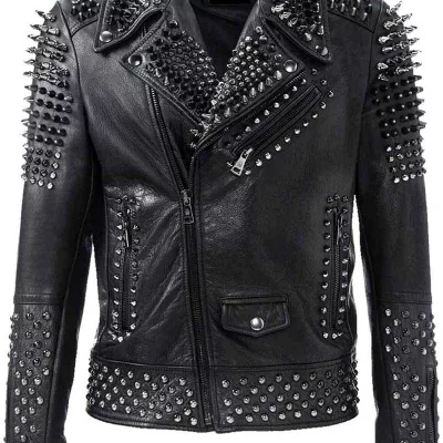 Men's Silver Spikes Studded Brando Leather Jacket