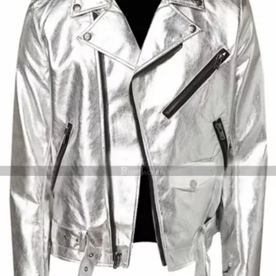 Men Silver Shiny Leather Jacket