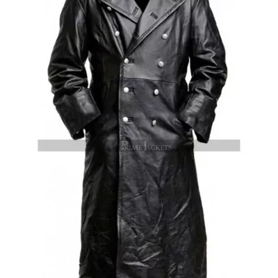 German Classic Officer Black Leather Trench Coat Costume