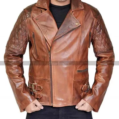 Mens Brown Distressed Leather Marlon Brando Biker Motorcycle Jacket