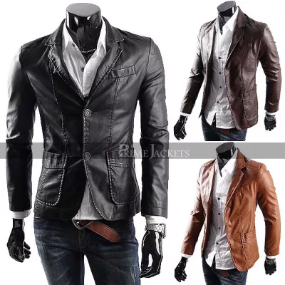 Men's Casual Smart Designers Black/Brown Leather Blazer Jacket