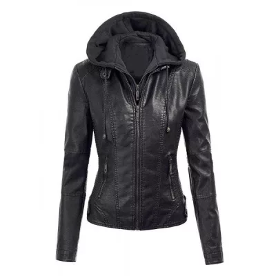 Women Biker Hoodie Slim Fit Motorcycle Leather Jacket