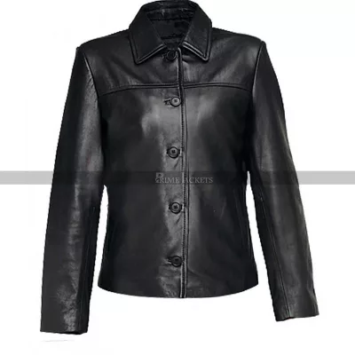 Women Black Leather Jacket With Button Closure