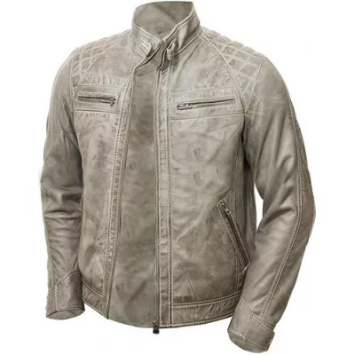 Men's Cafe Racer Motorcycle Quilted Distressed Grey Jacket